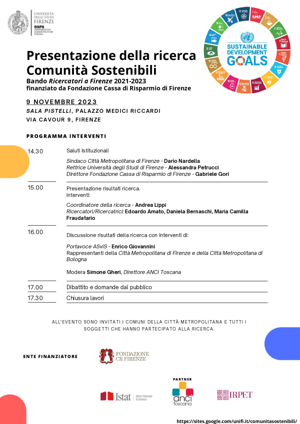 Presentazione della ricerca Comunit&agrave; Sostenibili UNIFI